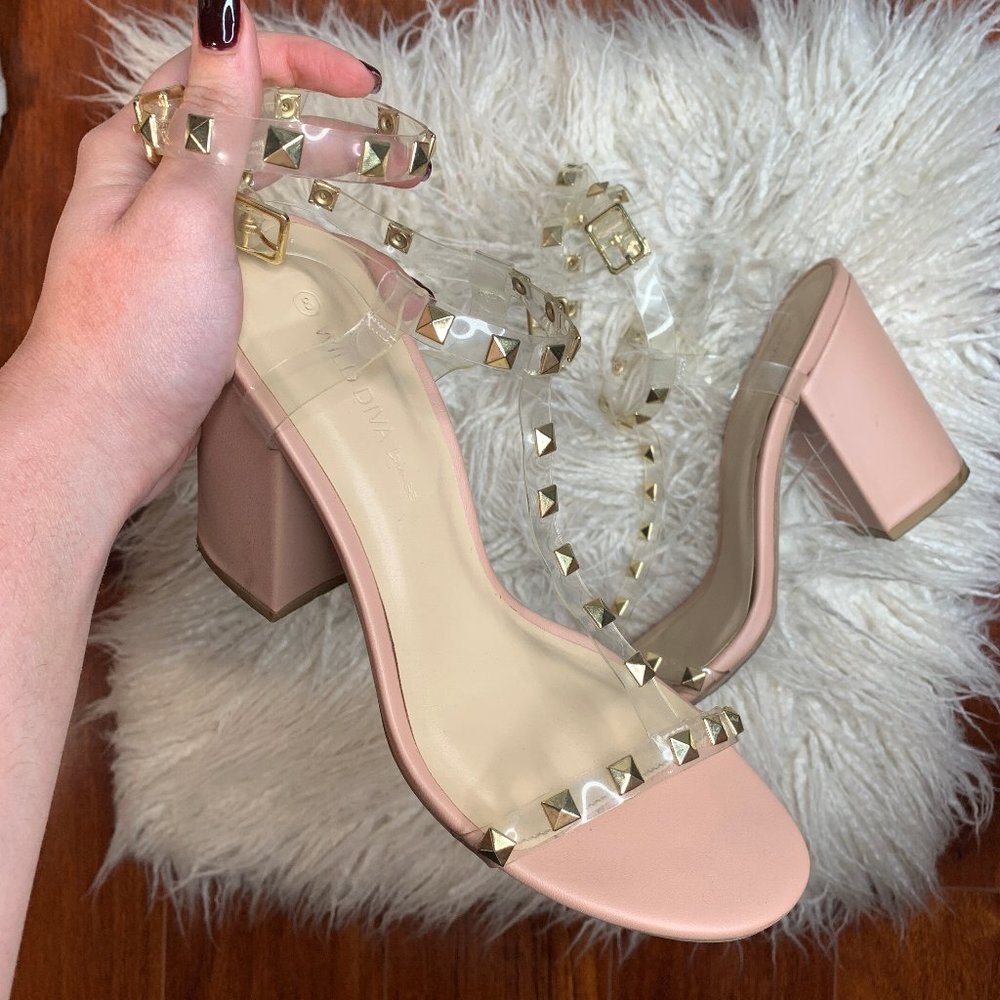 Clear Strappy Studded Block Heel Sandals